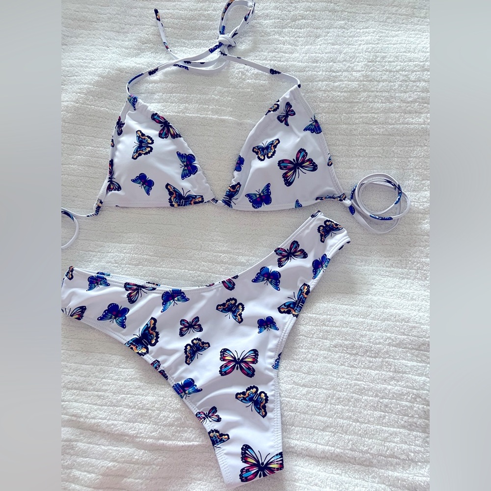 Butterfly Print Bikini Set - White and Blue